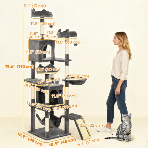 PawHut Cat Tree, 76 Inches Large Multi-Level Cat Tower for Indoor Kittens with 8 Scratching Posts, 3 Plush Beds, 2 Hammocks, 2 Large Condos, Ramp,