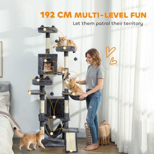PawHut Cat Tree, 76 Inches Large Multi-Level Cat Tower for Indoor Kittens with 8 Scratching Posts, 3 Plush Beds, 2 Hammocks, 2 Large Condos, Ramp,