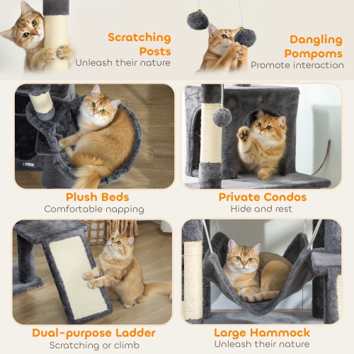 PawHut Cat Tree, 76 Inches Large Multi-Level Cat Tower for Indoor Kittens with 8 Scratching Posts, 3 Plush Beds, 2 Hammocks, 2 Large Condos, Ramp,