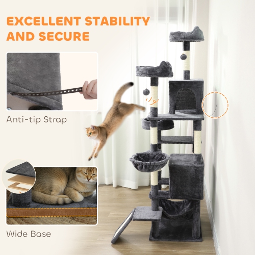 PawHut Cat Tree, 76 Inches Large Multi-Level Cat Tower for Indoor Kittens with 8 Scratching Posts, 3 Plush Beds, 2 Hammocks, 2 Large Condos, Ramp,
