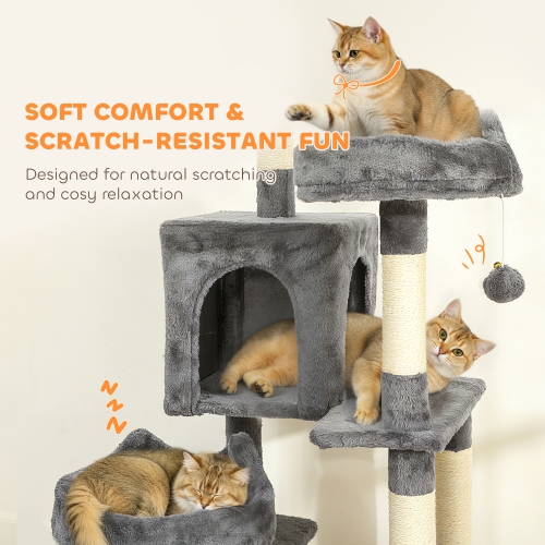 PawHut Cat Tree, 76 Inches Large Multi-Level Cat Tower for Indoor Kittens with 8 Scratching Posts, 3 Plush Beds, 2 Hammocks, 2 Large Condos, Ramp,