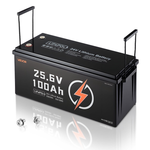 VEVOR 24V 100Ah LiFePO4 Lithium Battery, Built-in 50A BMS, Deep Cycle Lithium Rechargeable Battery with Low Temperature Protection, 4000+ Cycles,