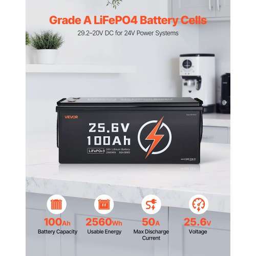 VEVOR 24V 100Ah LiFePO4 Lithium Battery, Built-in 50A BMS, Deep Cycle Lithium Rechargeable Battery with Low Temperature Protection, 4000+ Cycles,