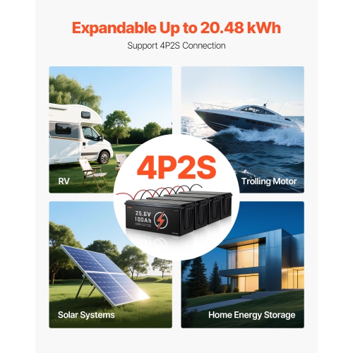 VEVOR 24V 100Ah LiFePO4 Lithium Battery, Built-in 50A BMS, Deep Cycle Lithium Rechargeable Battery with Low Temperature Protection, 4000+ Cycles,