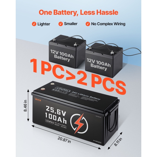 VEVOR 24V 100Ah LiFePO4 Lithium Battery, Built-in 50A BMS, Deep Cycle Lithium Rechargeable Battery with Low Temperature Protection, 4000+ Cycles,
