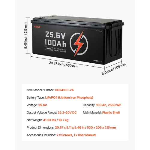VEVOR 24V 100Ah LiFePO4 Lithium Battery, Built-in 50A BMS, Deep Cycle Lithium Rechargeable Battery with Low Temperature Protection, 4000+ Cycles,