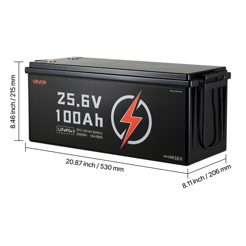 VEVOR 24V 100Ah LiFePO4 Lithium Battery, Built-in 50A BMS, Deep Cycle Lithium Rechargeable Battery with Low Temperature Protection, 4000+ Cycles,