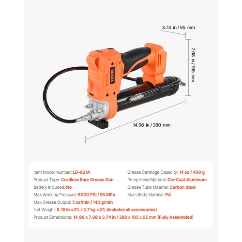VEVOR 8000 PSI Cordless Grease Gun,Battery Operated Grease Gun with LED Light & 35.4-inch Long Hose, Compatible with 18V Makita Batteries, For