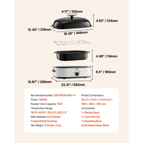 Rôtissoire VEVOR, rôtissoire électrique de 18 pte, température réglable de 150 à 450 po, rôtissoires électriques multifonctions four avec