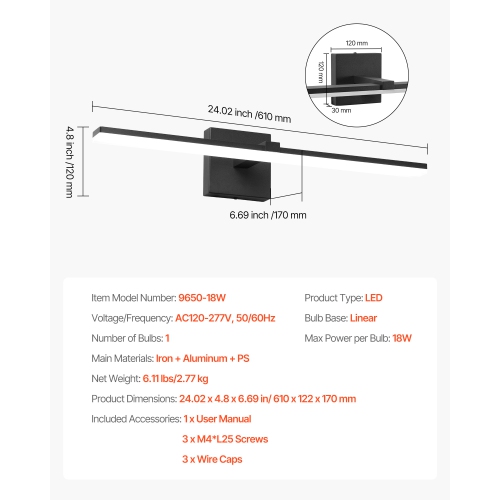 VEVOR 24.02-Inch Bathroom Vanity Light Bar, LED Modern Light Fixture Over Mirror, with 360° Rotatable, IP44 Waterproof, 18W, 6000K, Wall Lighting for