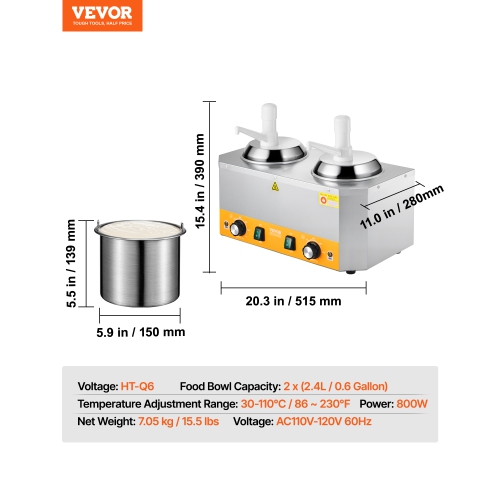 VEVOR 2.4x2 L 86-230℉ Electric Cheese Dispenser with Pumps, Commercial Hot Fudge Warmer,Plastic Double Pumps Dispenser,Temp Adjustable Nacho Cheese