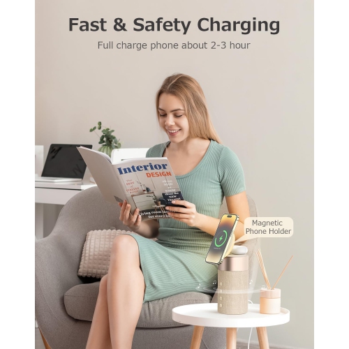 Haut-parleur Bluetooth, chargeur sans fil magnétique, haut-parleurs Bluetooth avec veilleuse, station de recharge sans fil 2 en 1 pour iPhone