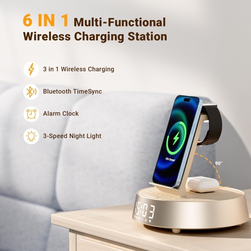 Wireless Charging Station,Alarm Clock for Bedroom with Dimmable Night Light Bluetooth Speaker,Dock Station for iPhone 16 15 14 13 12 11 Pro Max,Apple