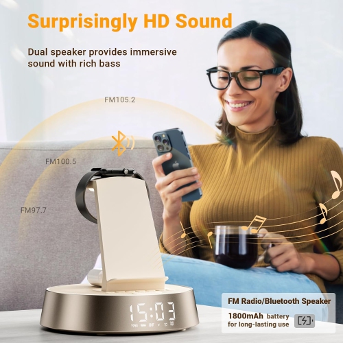 Wireless Charging Station,Alarm Clock for Bedroom with Dimmable Night Light Bluetooth Speaker,Dock Station for iPhone 16 15 14 13 12 11 Pro Max,Apple