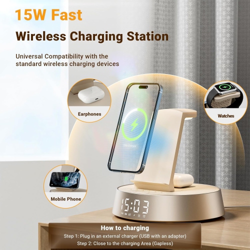 Wireless Charging Station,Alarm Clock for Bedroom with Dimmable Night Light Bluetooth Speaker,Dock Station for iPhone 16 15 14 13 12 11 Pro Max,Apple