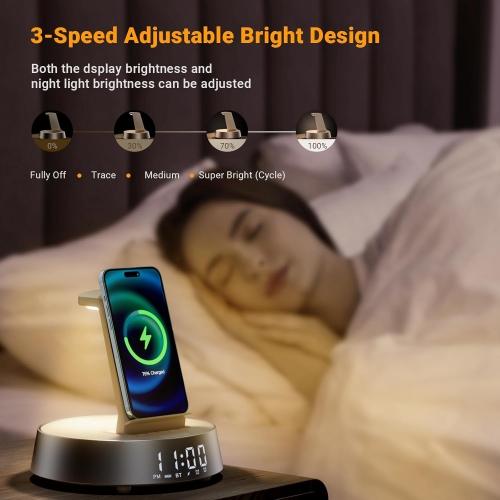 Wireless Charging Station,Alarm Clock for Bedroom with Dimmable Night Light Bluetooth Speaker,Dock Station for iPhone 16 15 14 13 12 11 Pro Max,Apple