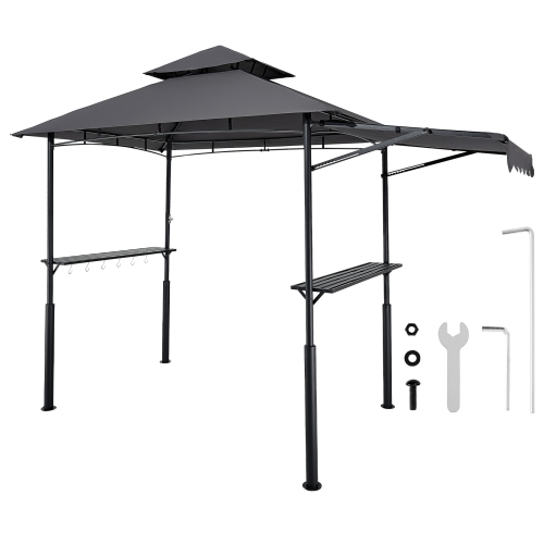 VEVOR Grill Gazebo, 8 x 5 ft Double-Tiered Top, BBQ Gazebo with Extra Awning, Powder-Coated Steel Patio Grill Shelter with 2 Side Shelves, Bottle