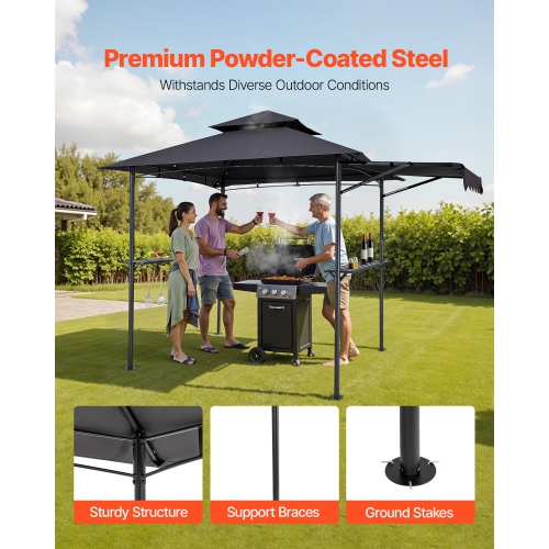 VEVOR Grill Gazebo, 8 x 5 ft Double-Tiered Top, BBQ Gazebo with Extra Awning, Powder-Coated Steel Patio Grill Shelter with 2 Side Shelves, Bottle