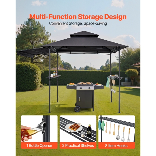 VEVOR Grill Gazebo, 8 x 5 ft Double-Tiered Top, BBQ Gazebo with Extra Awning, Powder-Coated Steel Patio Grill Shelter with 2 Side Shelves, Bottle