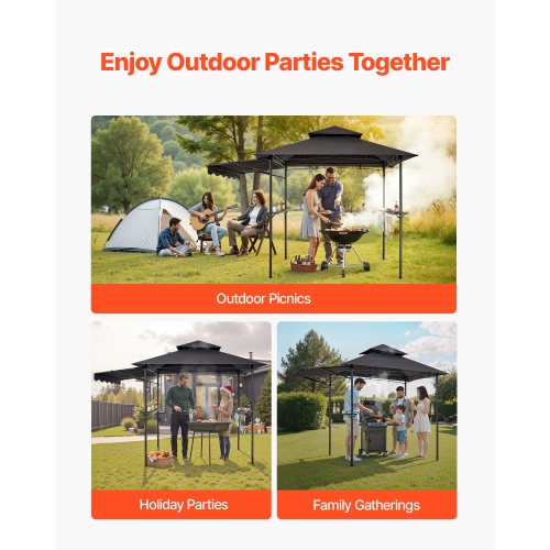 VEVOR Grill Gazebo, 8 x 5 ft Double-Tiered Top, BBQ Gazebo with Extra Awning, Powder-Coated Steel Patio Grill Shelter with 2 Side Shelves, Bottle