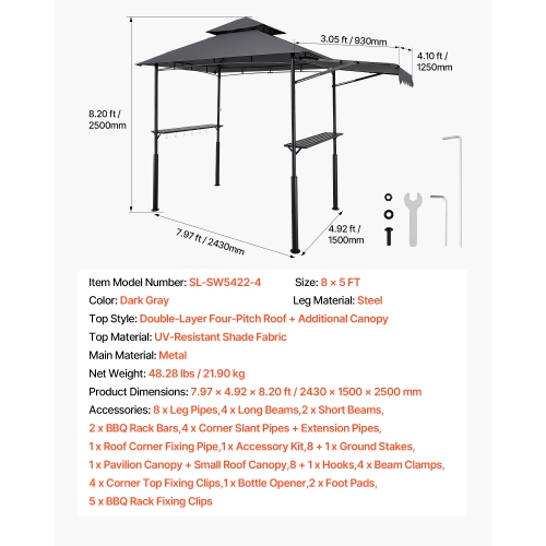 VEVOR Grill Gazebo, 8 x 5 ft Double-Tiered Top, BBQ Gazebo with Extra Awning, Powder-Coated Steel Patio Grill Shelter with 2 Side Shelves, Bottle