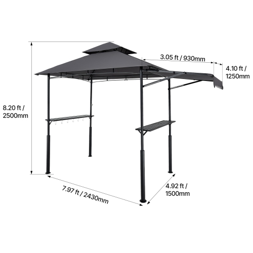 VEVOR Grill Gazebo, 8 x 5 ft Double-Tiered Top, BBQ Gazebo with Extra Awning, Powder-Coated Steel Patio Grill Shelter with 2 Side Shelves, Bottle