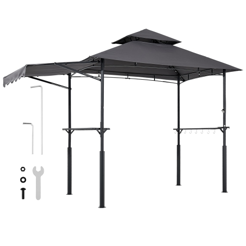 VEVOR Grill Gazebo, 8 x 5 ft Double-Tiered Top, BBQ Gazebo with Extra Awning, Powder-Coated Steel Patio Grill Shelter with 2 Side Shelves, Bottle