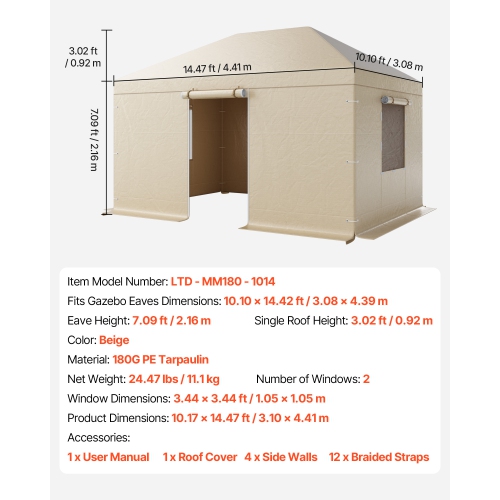 VEVOR Winter Gazebo Cover Fits 10 x 14 ft Hardtop Gazebos, All-Weather Gazebo Cover with Sidewalls & Mesh Windows, High-Density PE Material, Enclosed