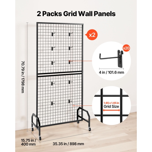 VEVOR 2 Packs Grid Wall Panels, 2.9 x 5.9 ft Wire Grid Panels Display Rack, Movable Art Display Shelf with Wheels and 10 Hooks, Black Carbon Steel