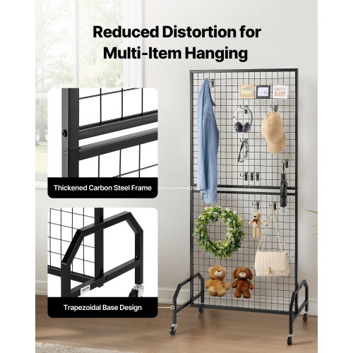 VEVOR 2 Packs Grid Wall Panels, 2.9 x 5.9 ft Wire Grid Panels Display Rack, Movable Art Display Shelf with Wheels and 10 Hooks, Black Carbon Steel