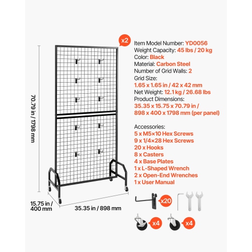 VEVOR 2 Packs Grid Wall Panels, 2.9 x 5.9 ft Wire Grid Panels Display Rack, Movable Art Display Shelf with Wheels and 10 Hooks, Black Carbon Steel