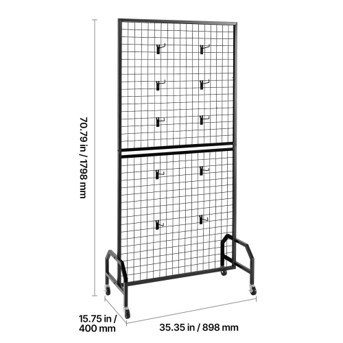 VEVOR 2 Packs Grid Wall Panels, 2.9 x 5.9 ft Wire Grid Panels Display Rack, Movable Art Display Shelf with Wheels and 10 Hooks, Black Carbon Steel