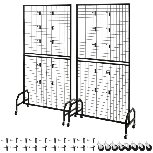 VEVOR 2 Packs Grid Wall Panels, 2.9 x 5.9 ft Wire Grid Panels Display Rack, Movable Art Display Shelf with Wheels and 10 Hooks, Black Carbon Steel