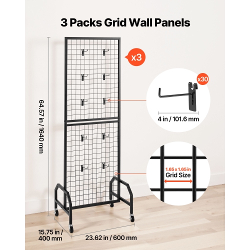 VEVOR 3 Packs Grid Wall Panels, 1.9 x 5.4 ft Wire Grid Panels Display Rack, Movable Art Display Shelf with Wheels and 30 Hooks, Black Carbon Steel