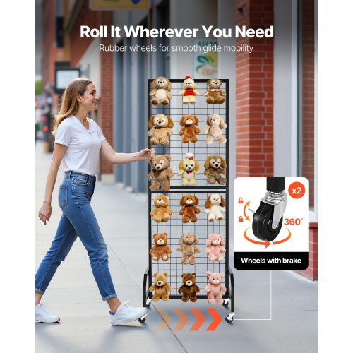 VEVOR 3 Packs Grid Wall Panels, 1.9 x 5.4 ft Wire Grid Panels Display Rack, Movable Art Display Shelf with Wheels and 30 Hooks, Black Carbon Steel