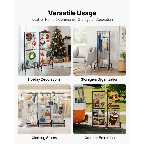 VEVOR 3 Packs Grid Wall Panels, 1.9 x 5.4 ft Wire Grid Panels Display Rack, Movable Art Display Shelf with Wheels and 30 Hooks, Black Carbon Steel