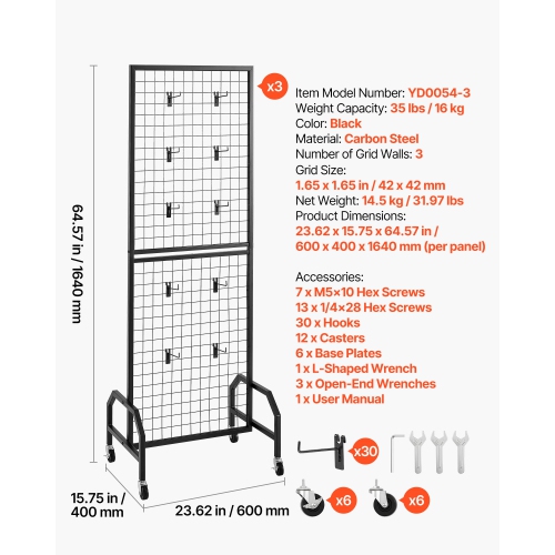 VEVOR 3 Packs Grid Wall Panels, 1.9 x 5.4 ft Wire Grid Panels Display Rack, Movable Art Display Shelf with Wheels and 30 Hooks, Black Carbon Steel