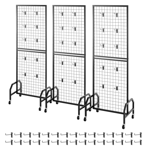 VEVOR 3 Packs Grid Wall Panels, 1.9 x 5.4 ft Wire Grid Panels Display Rack, Movable Art Display Shelf with Wheels and 30 Hooks, Black Carbon Steel