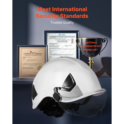 VEVOR Industrial Safety Helmet, ANSI/ISEA Z89.1 Approved ABS Hard Hat with Visor & 6-Point Ratchet Suspension, Adjustable Vented Hardhat for Men &