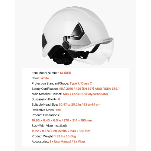 VEVOR Industrial Safety Helmet, ANSI/ISEA Z89.1 Approved ABS Hard Hat with Visor & 6-Point Ratchet Suspension, Adjustable Vented Hardhat for Men &