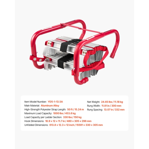 VEVOR 1000LBS Max Loading Fire Escape Ladder, 5-6 Story 50FT Retractable Emergency Fire Ladder, Lightweight Aluminum Alloy Safety Escape Ladders with