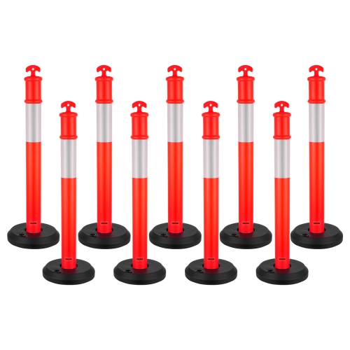 VEVOR 9 Pack Traffic Delineator Posts, 48 inches Traffic Safety Cones with Fillable Base and Reflective Strips, Heavy Duty Delineator Posts for