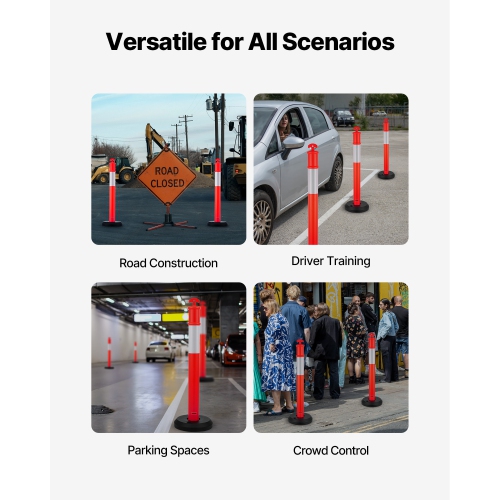 VEVOR 9 Pack Traffic Delineator Posts, 48 inches Traffic Safety Cones with Fillable Base and Reflective Strips, Heavy Duty Delineator Posts for