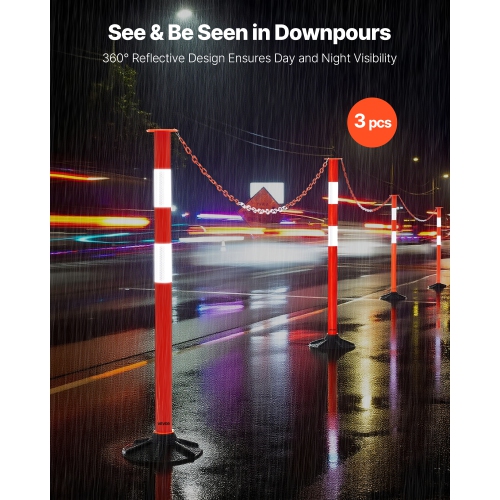 VEVOR 3 Pack Traffic Delineator Posts, 34 in Traffic Safety Cones with Weighted Base, Reflective Strips and Chain, Heavy Duty Delineator Posts for