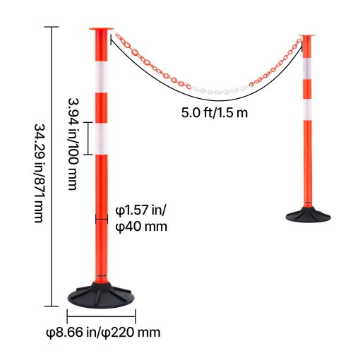 VEVOR 3 Pack Traffic Delineator Posts, 34 in Traffic Safety Cones with Weighted Base, Reflective Strips and Chain, Heavy Duty Delineator Posts for