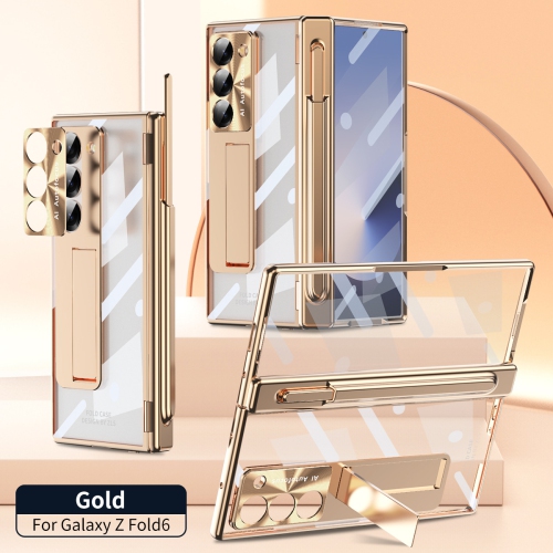 Samsung Zfold 6 phone case, FOLD6 magnetic hinge foldable protective case, electroplated transparent pen slot - gold.
