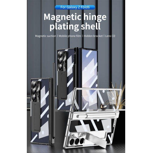 Samsung Zfold 6 phone case, FOLD6 magnetic hinge foldable protective case, electroplated transparent pen slot - gold.