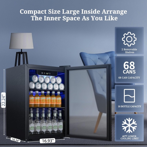 Antarctic Star 68-Can Beverage Refrigerator – Compact 1.7 Cu.Ft Mini Fridge with Glass Door, Freestanding Design and Temperature Control for Beer,