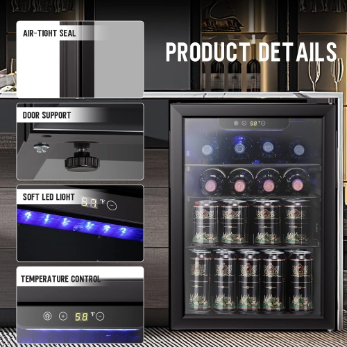 Antarctic Star 2.6 Cu.Ft Wine and Beverage Cooler – Mini Fridge with Glass Door, Adjustable Temperature, Quiet Operation, Freestanding, Black