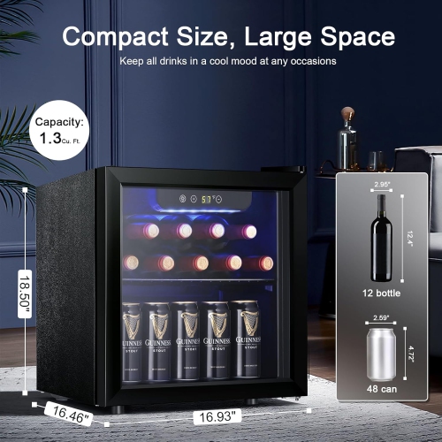 Antarctic Star 12-Bottle/48-Can Wine and Beverage Cooler, Compact Mini Fridge with Glass Door, Low Noise Countertop Cellar for Beer, Soda, or Bar